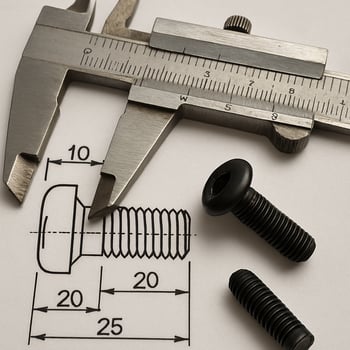 photographic Engineering drawing of a small screw  include calipers and the finished screw with hex button head and finished in black oxide Screw a ma